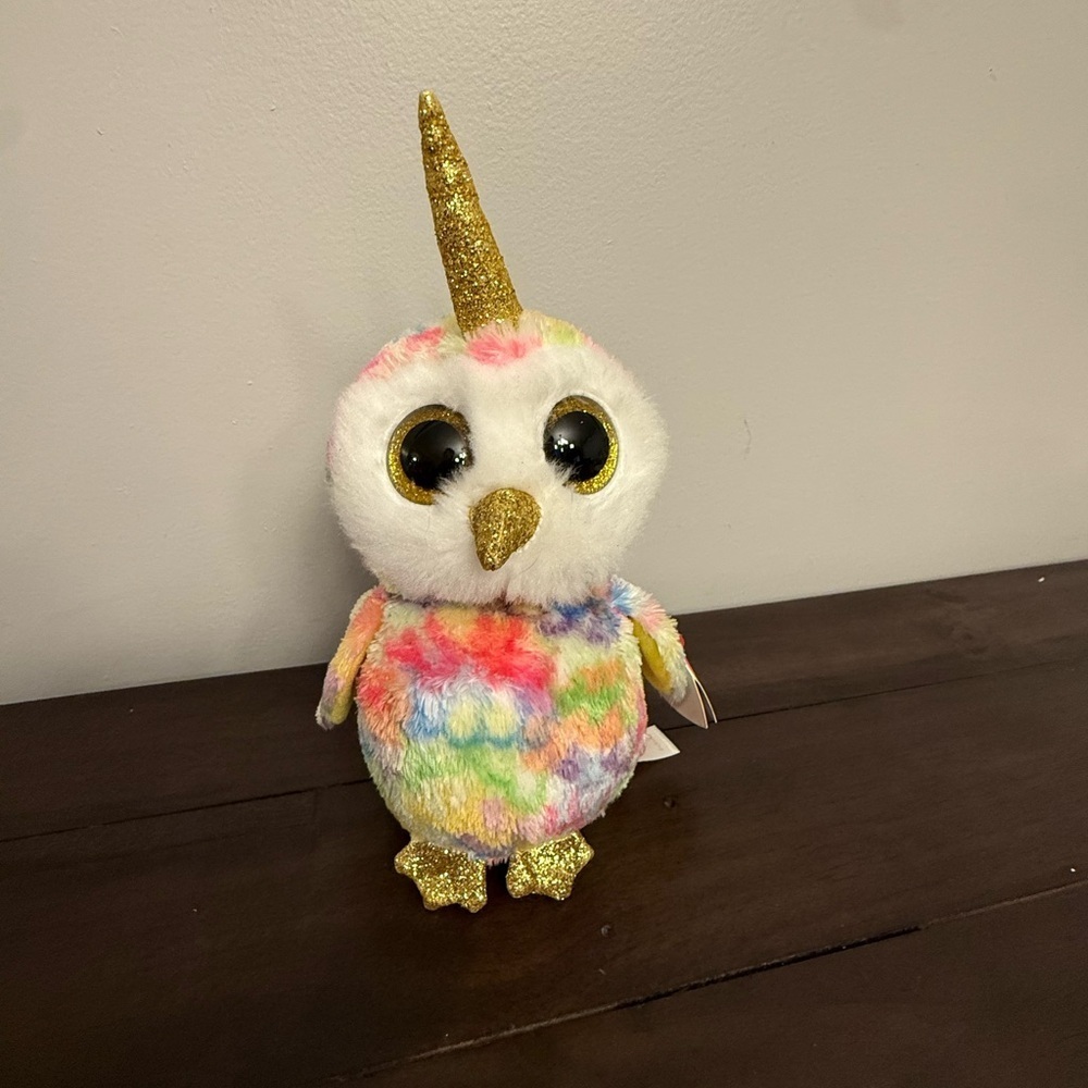 ✨ TY Beanie Boo “Enchanted” Unicorn Owl Plush – Rainbow Tie Dye – MWMT